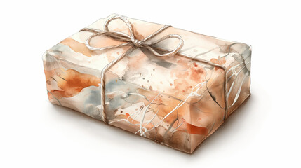 A beautifully wrapped gift box featuring a watercolor design and twine, perfect for celebrations and special occasions.