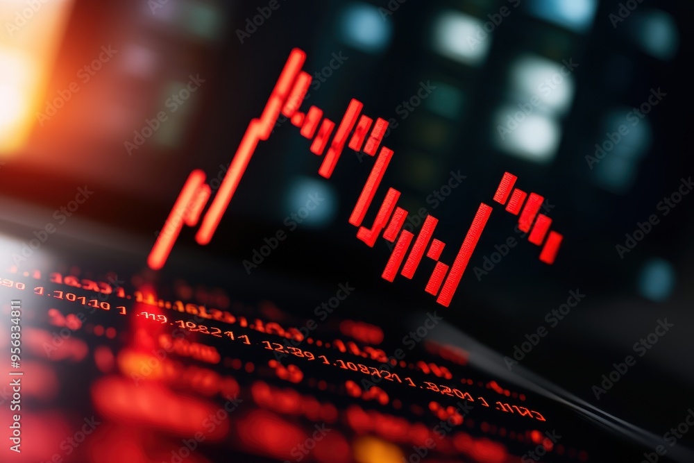 Poster digital screen displaying red stock market data and financial graph in a dark background, representi