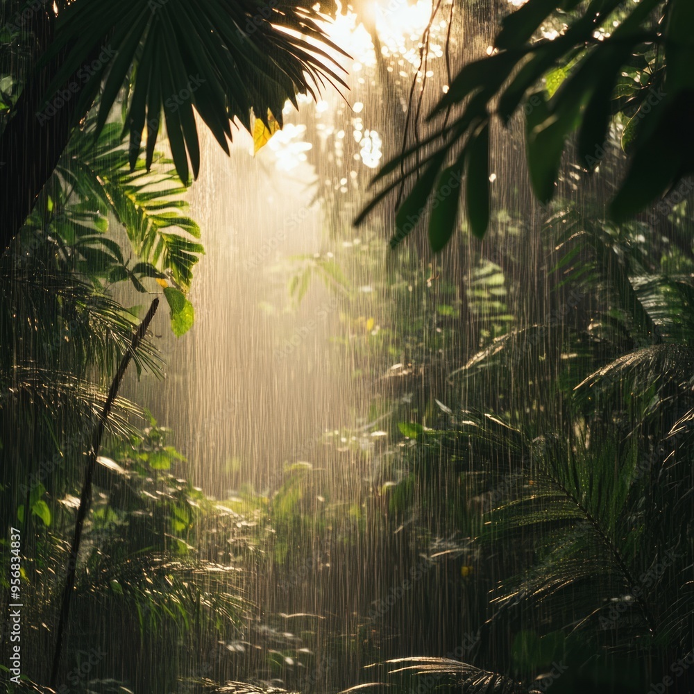 Wall mural Sunlight shining through rainforest foliage during a rainstorm.