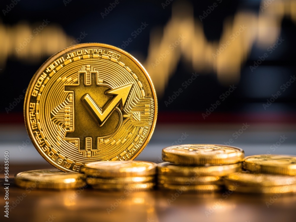 Aufkleber golden bitcoin coin stacks with a rising graph background, representing cryptocurrency growth and fi