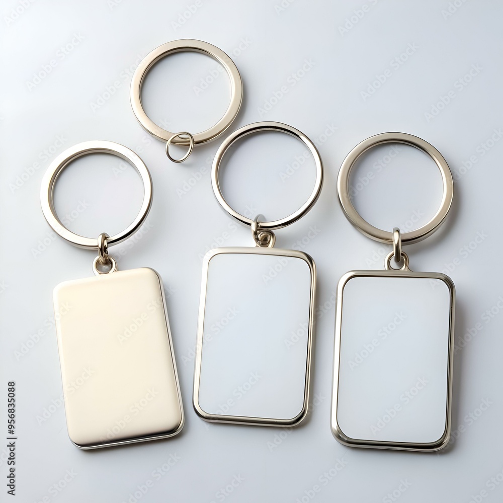 Poster three blank keychains with rectangular metal tags. perfect for personalization or mockups.