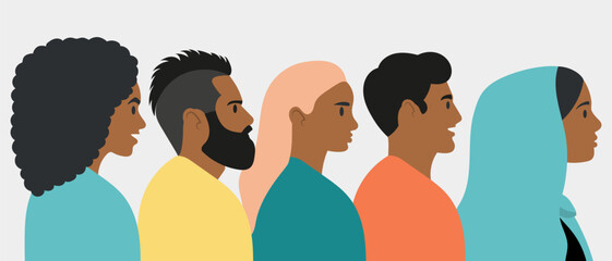Flat vector illustration. Concept for Black History Month, African American Achievements. Old, young, adult Africans, different religions, Islam and Christianity. Men and women.
