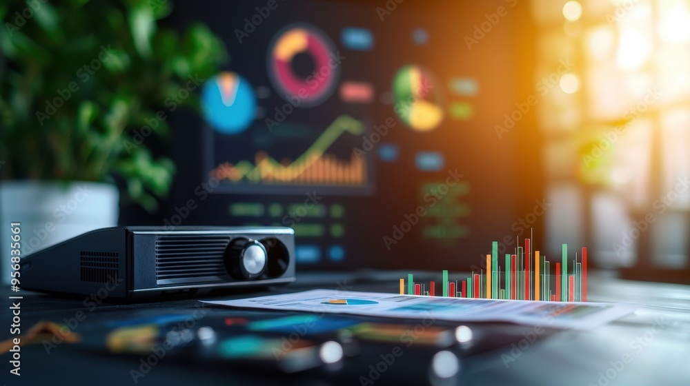 Poster Modern office workspace with projector, charts, and graphs on a screen, representing business data analysis and presentation.