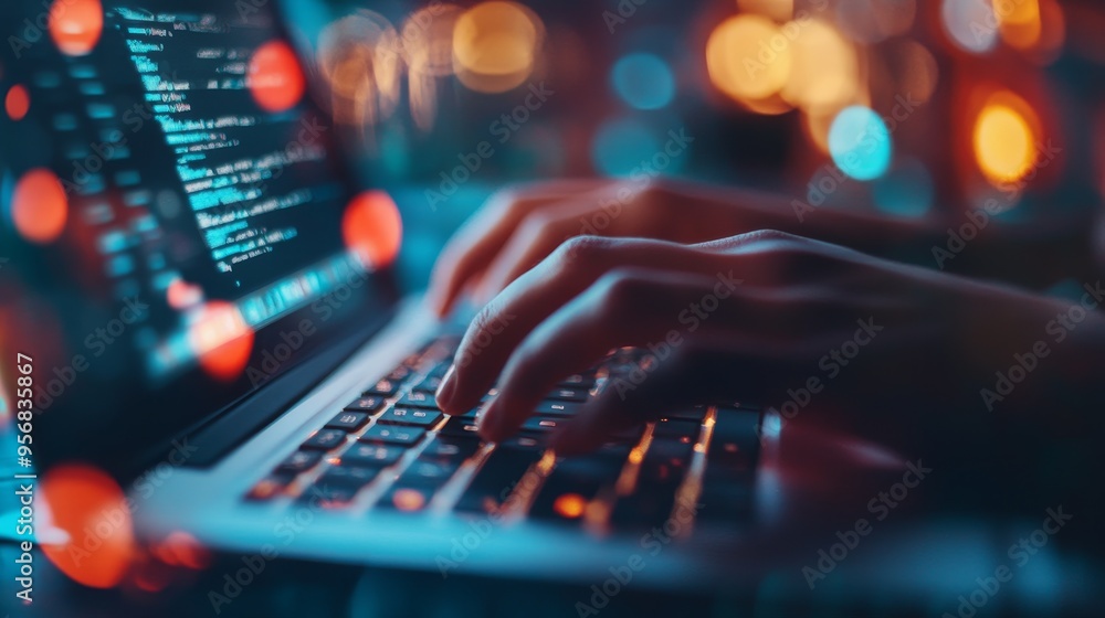 Poster a close-up of hands typing on a laptop, with code displayed on the screen and a blurred background o