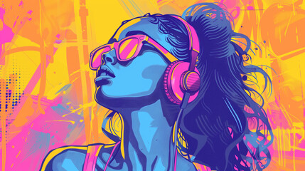 "Rhythmic Vibes: Illustration of a Hip Hop Woman Enjoying Music"