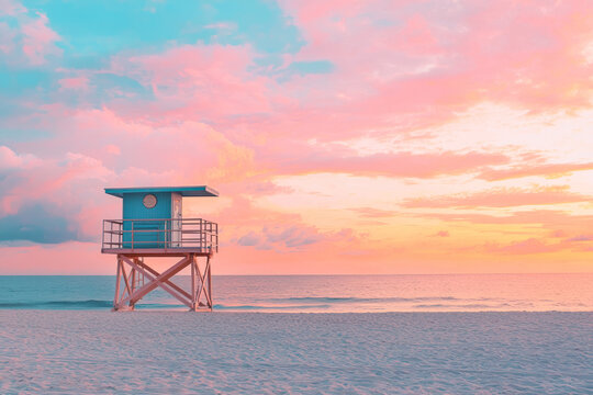 Lifeguard stand in front of sunset sky. - Powered by Adobe