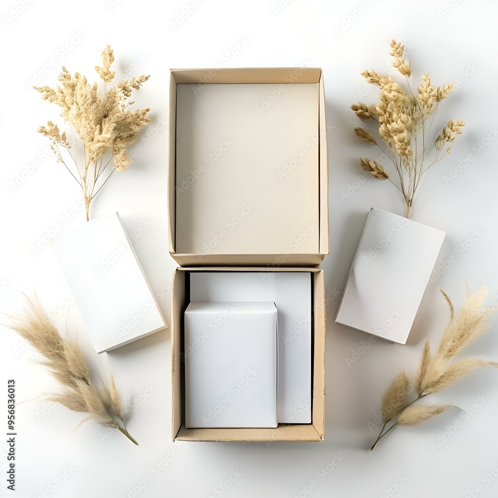Poster a minimalist flat lay showcasing an open cardboard box with blank white boxes inside. surrounded by 