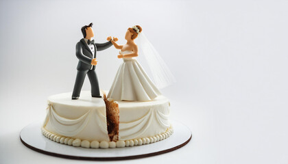 Wedding cake with bride and groom cake toppers split in two