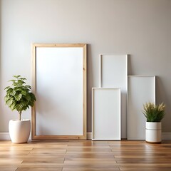 Modern interior design mockup with three empty picture frames of various sizes.