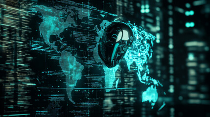 AI technology concept: A robot or chatbot head hovering over a digital map of the world. Artificial intelligence communicating with various locations on the globe for business. A cyborg face analyzing
