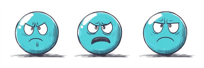 Set of three turquoise sad emoticons on a white background in doodle style illustration