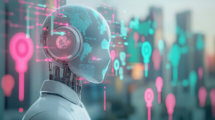AI technology concept: A robot or chatbot head hovering over a digital map of the world. Artificial intelligence communicating with various locations on the globe for business. A cyborg face analyzing