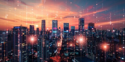 Fototapeta premium A city skyline with towering skyscrapers equipped with digital billboards and LED lighting for energy efficiency