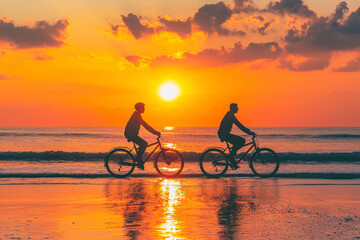 Fototapeta premium A middle age couple, riding their bicycle at the beach. Bright beautiful sunset, Silhouette and copy space.