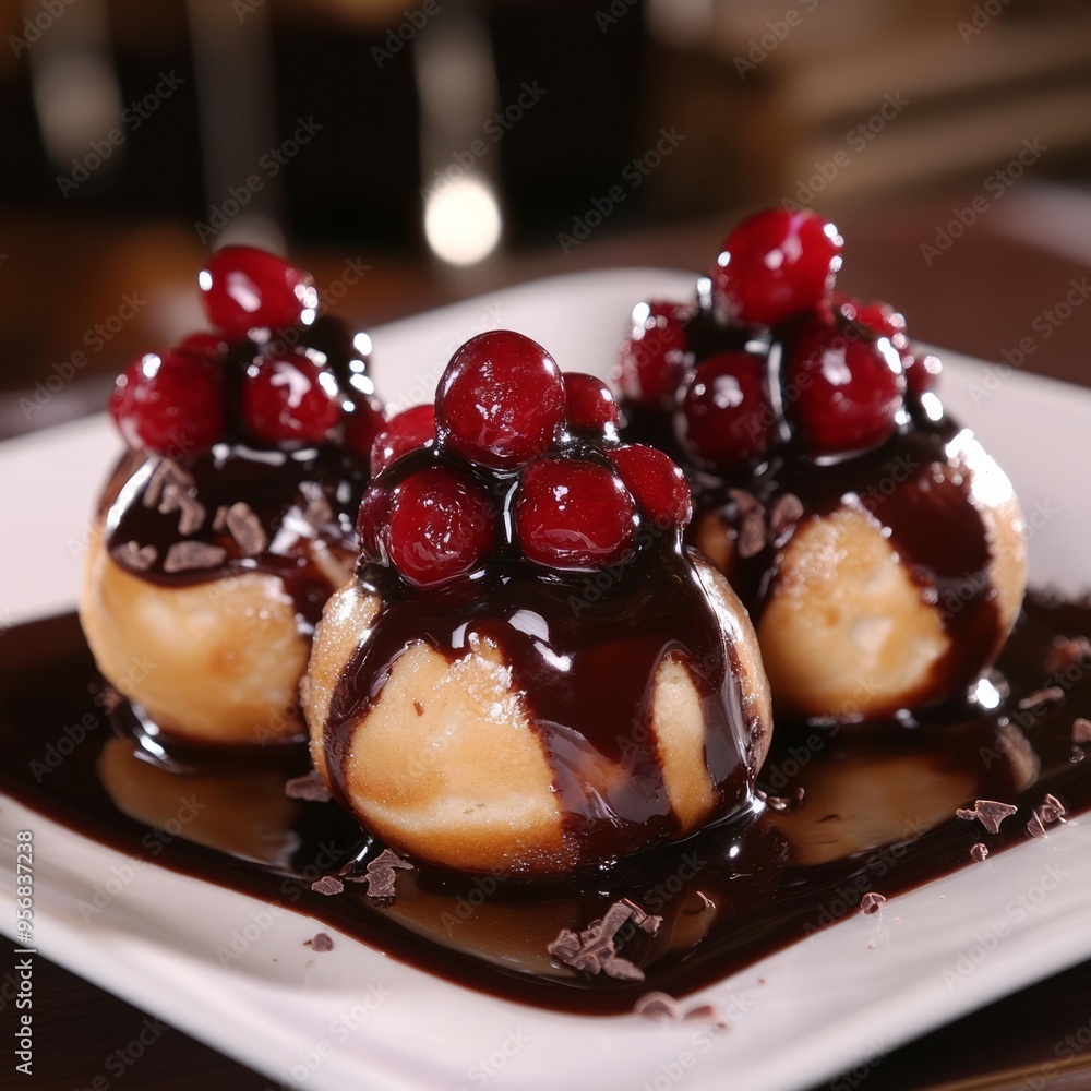 Poster Three chocolate-covered cream puffs topped with cranberries on a white plate.