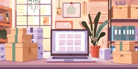 A cozy home office setup with a laptop showing an e-commerce website and stacks of product boxes ready for shipping