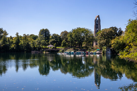 Quarry Lake with Moser Tower in the background in Naperville, Illinois, USA August 31, 2024