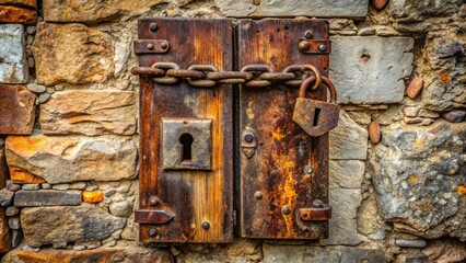 A rusty metal door with old-fashioned keyhole and worn wooden frame, locked with a heavy iron chain and padlock, set against a distressed stone wall.