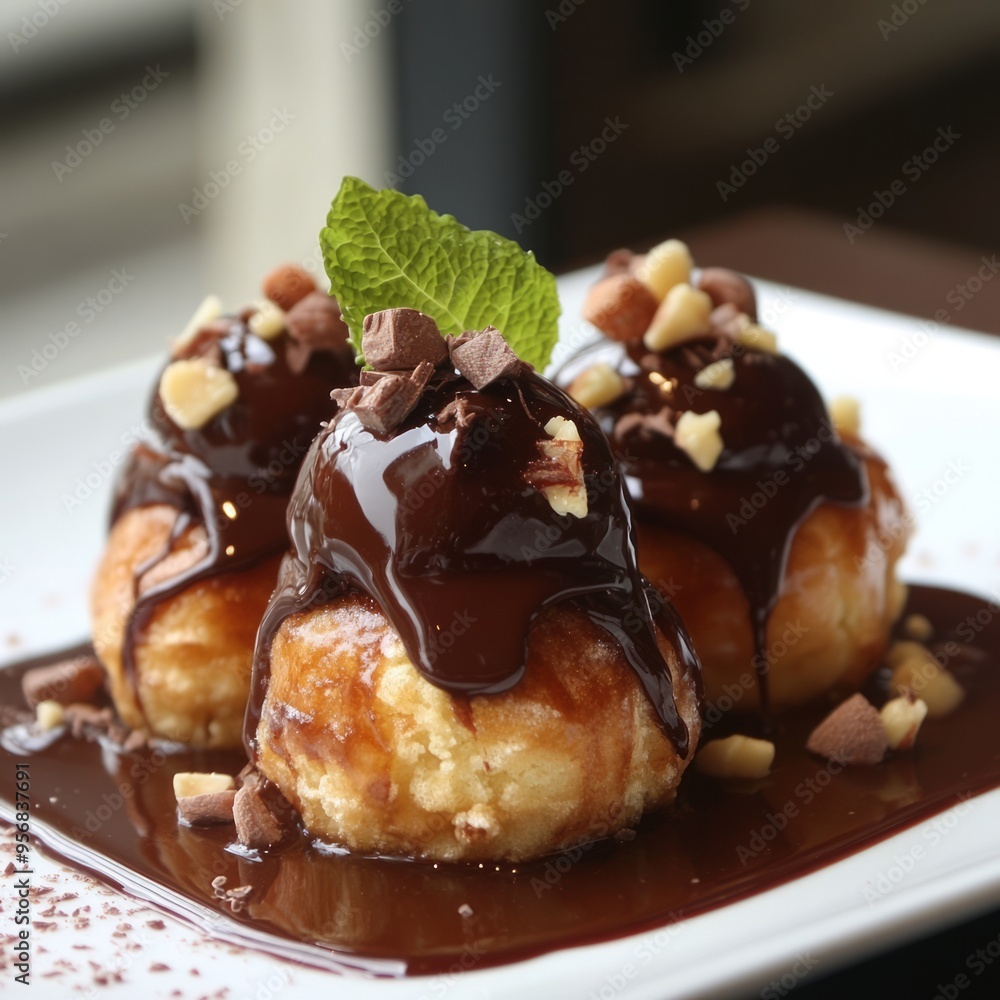 Poster Three chocolate-covered cream puffs with chocolate shavings and mint garnish on a white plate.