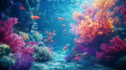 Naklejka premium Dive into a Vibrant Underwater World: Glowing Fish and Coral Reefs in 3D