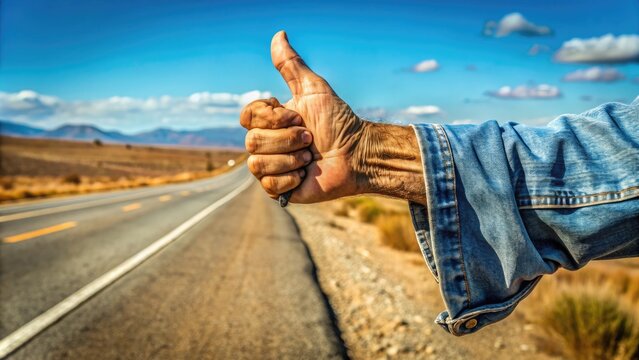 A rusty old hitchhiker's thumb extends from a worn denim sleeve, awaiting a ride on a sun-scorched road lined with dusty roadside attractions.