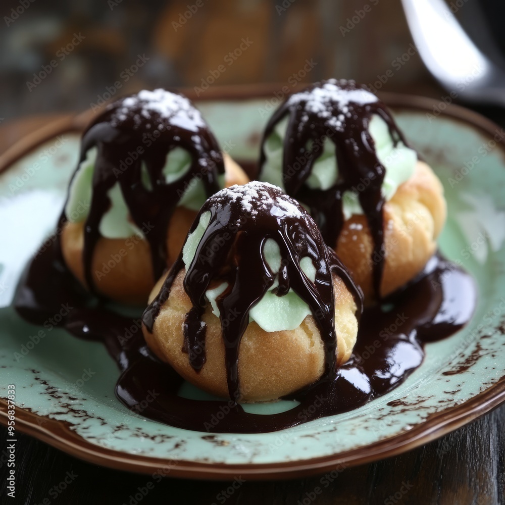 Poster Three chocolate-covered cream puffs with green filling on a green plate.