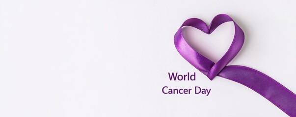 A purple ribbon forming a heart shape with the words "World Cancer Day" centered below