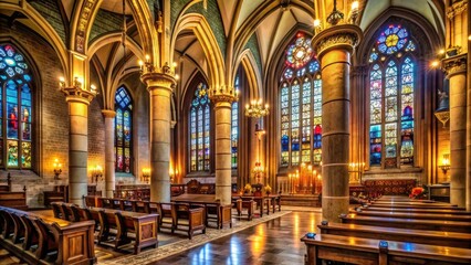A serene, candle-lit interior of a historic church, with ornate stone columns, stained glass windows, and a majestic grandeur that evokes spiritual contemplation.