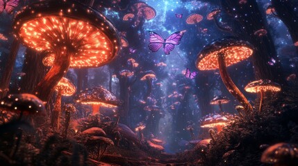 Glowing Mushrooms & Chrome Butterflies: A Surreal, Dreamlike Scene