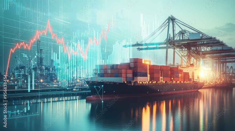 Poster container ship at a dock with crane unloading, overlaid with a growth chart and upward trend. visual