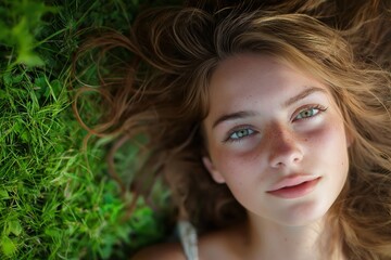 Fototapeta premium A young woman is lying on lush green grass, surrounded by vibrant greenery, looking serene and at peace in the natural environment.