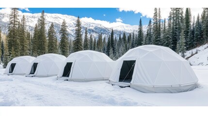white dome tents set up on a snow-covered landscape under bright sunlight, with a forest of ice-coated trees in the background.