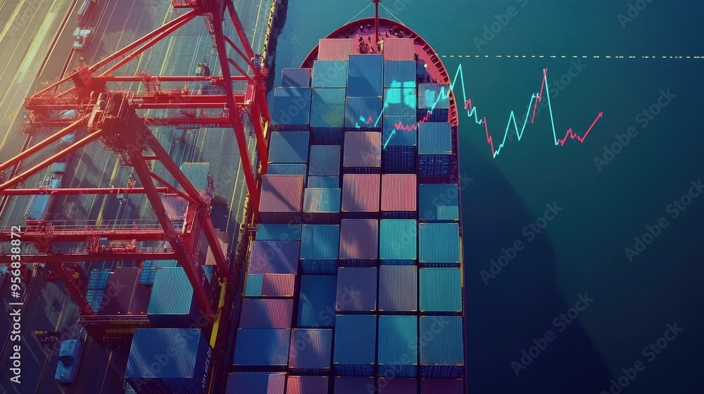 Poster container ship at a dock with crane unloading, overlaid with a growth chart and upward trend. visual
