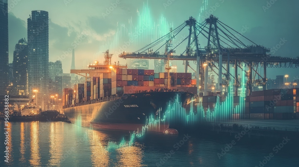 Poster container ship at a dock with crane unloading, overlaid with a growth chart and upward trend. visual