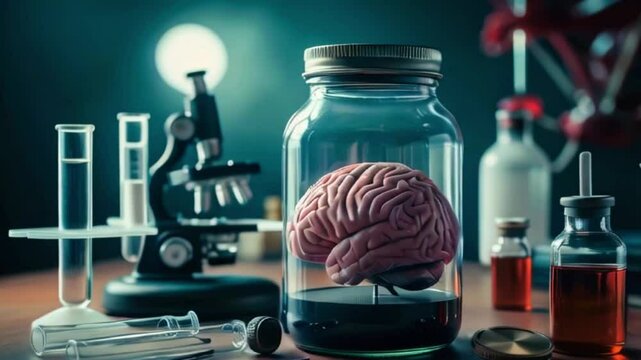 A human brain preserved in a glass jar, surrounded by scientific equipment, a microscope, and test tubes.