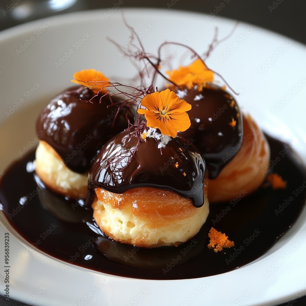 Wall mural Three chocolate-covered profiteroles with orange blossom garnish on a white plate.