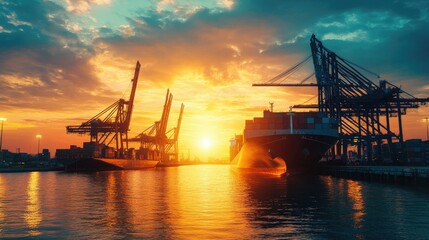 Obraz premium Container ship docked at an industrial port during dusk, with cranes silhouetted against the setting sun. Highlights the busy nature of maritime logistics.
