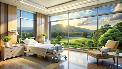 Fototapeta premium A serene hospital interior features a large windowscape overlooking a lush green landscape, blending natural ambiance with modern medical facilities and amenities.