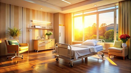 Fototapeta premium A serene hospital room ambiance with a warm glow, soft focus, and gentle shadows, conveying a sense of peaceful transition and dignity in final moments.