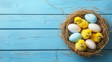 Blue, yellow, and white eggs nestled in a nest, with yellow chicks against a blue wooden background. A minimalist Easter card featuring a placeholder for your text.