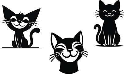 Happy Domestic animal black and white. Lovely Aegean cat icon, logo silhouette vector illustration isolated on white background.