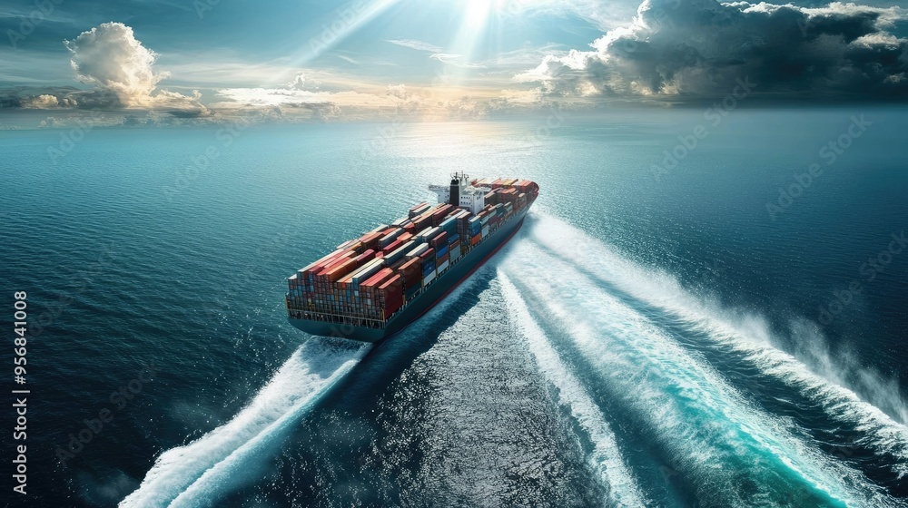 Poster container ship moving swiftly through the ocean, trailing a contrail. the vessel is filled with carg