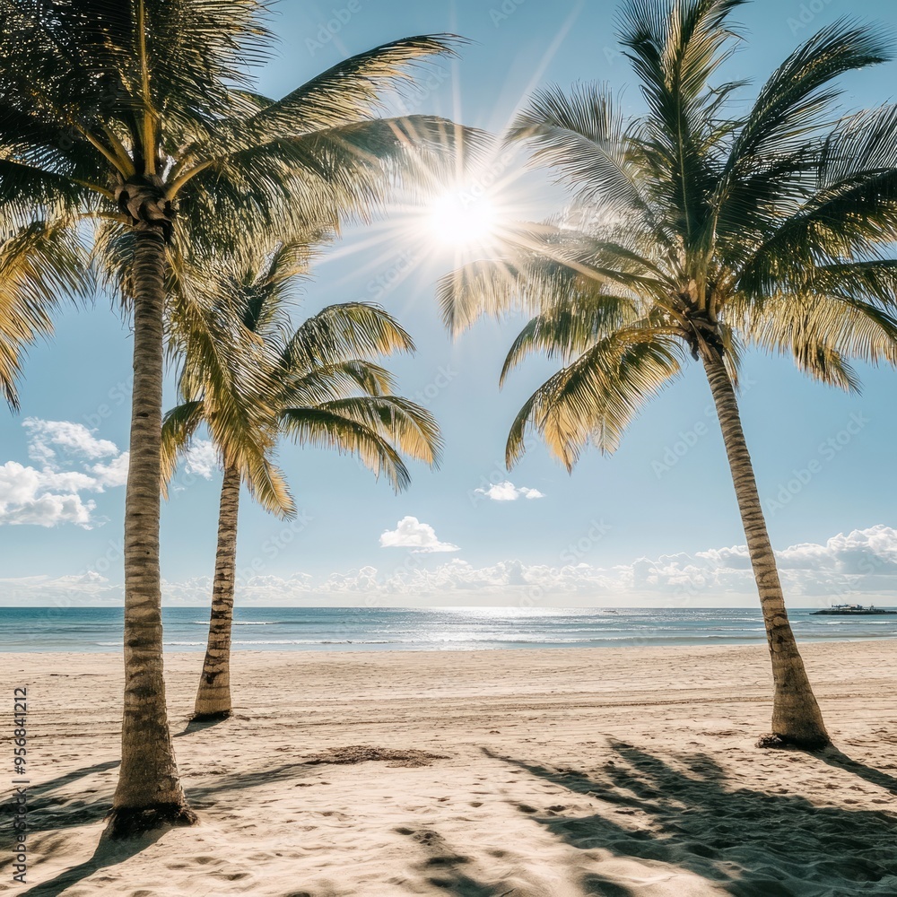 Sticker Three palm trees stand tall on a white sandy beach with clear blue sky and sun shining brightly.