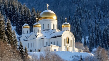 A beautiful Russian church features golden domes, surrounded by a winter forest. Nearby, a house roof is blanketed in fresh snow, creating a serene atmosphere