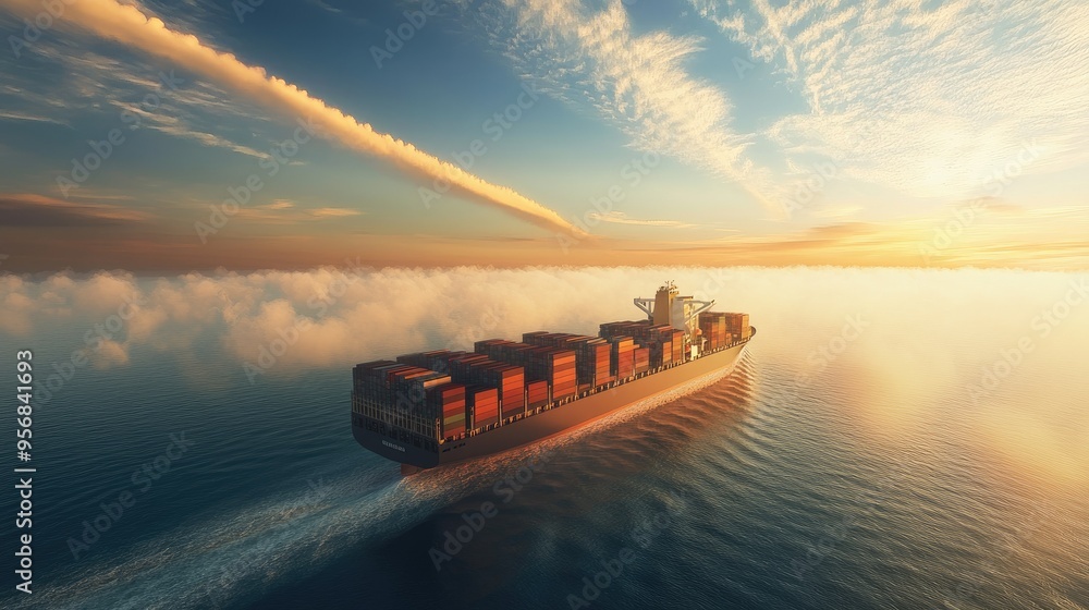 Poster container ship navigating the ocean with a contrail, filled with cargo containers. the image capture