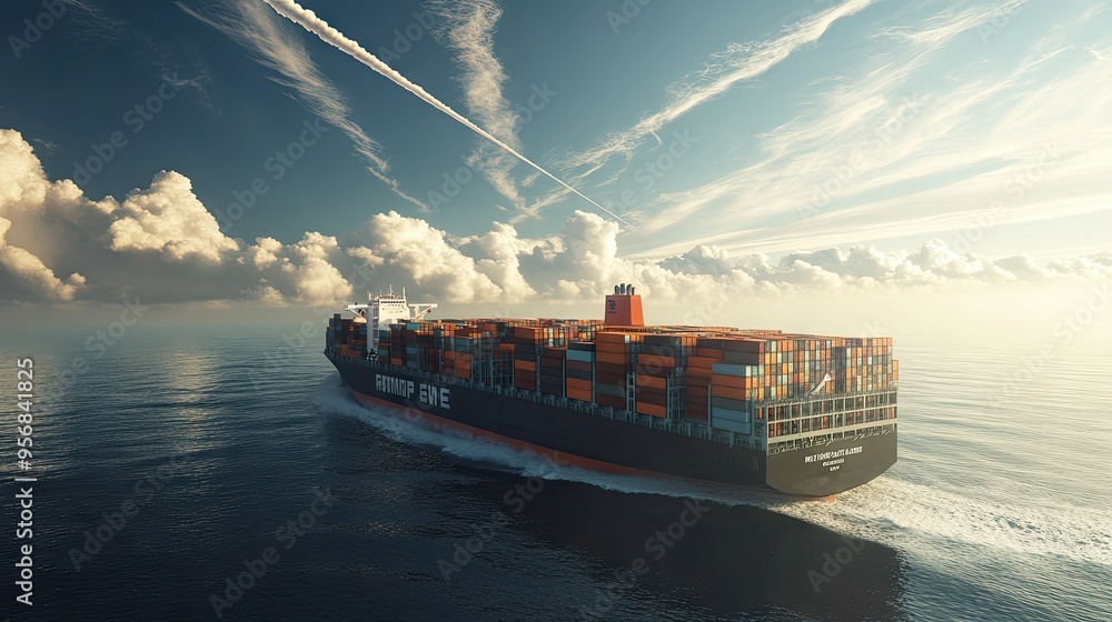 Poster container ship navigating the ocean with a contrail, filled with cargo containers. the image capture