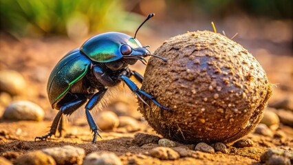 A shiny black dung beetle with iridescent blue-green wings pushes a large brown dung ball across a dry, cracked earth surface in African savannah.