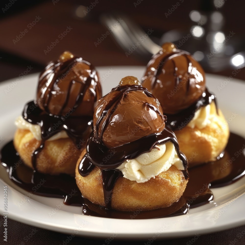 Canvas Prints Three profiteroles with whipped cream and chocolate sauce on a white plate.