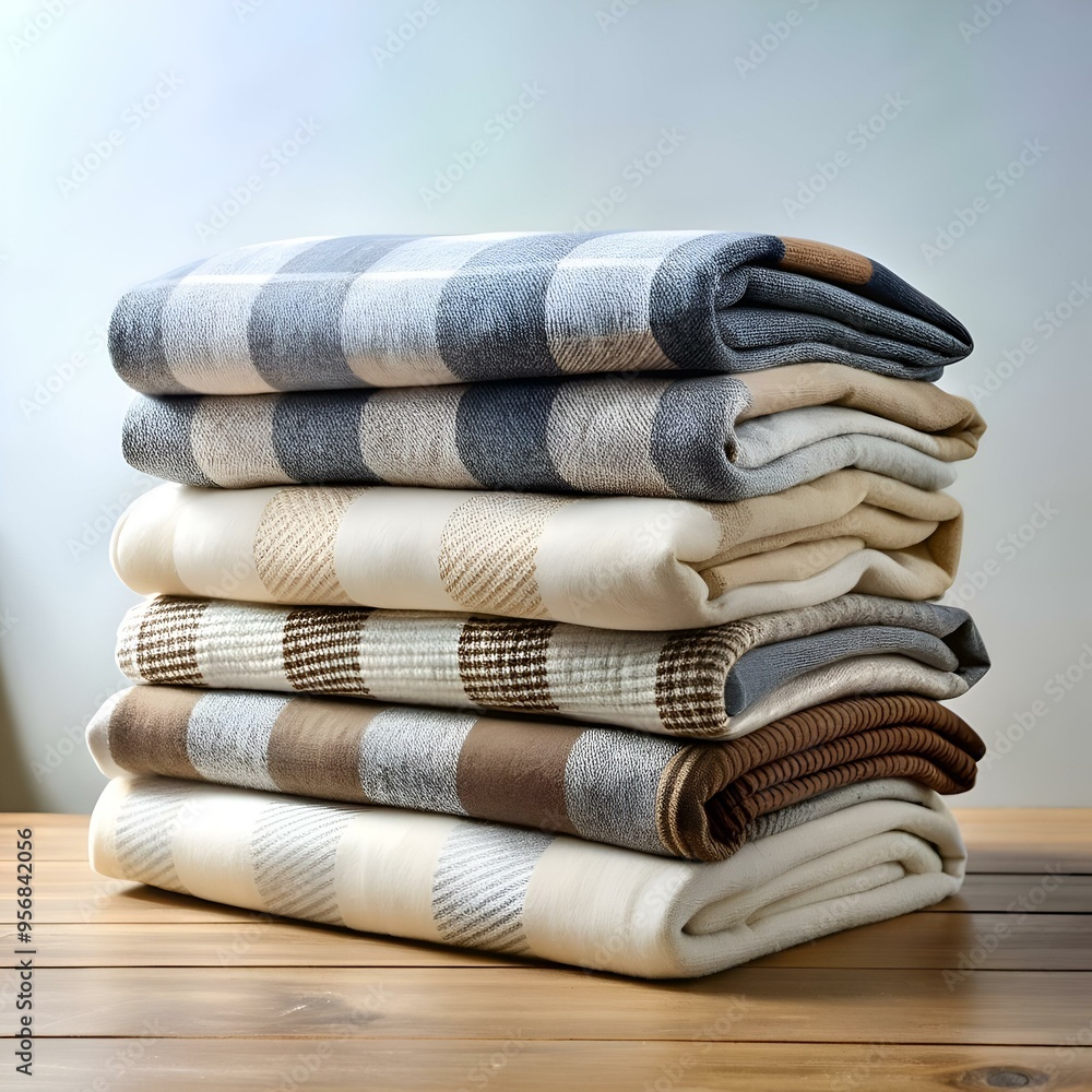 Poster a stack of six cozy blankets in various patterns and colors. creating a warm and inviting visual.