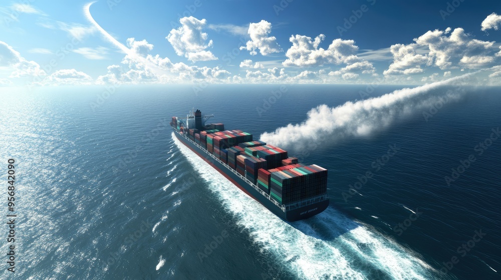 Poster container ship navigating the ocean with a contrail, filled with cargo containers. the image capture